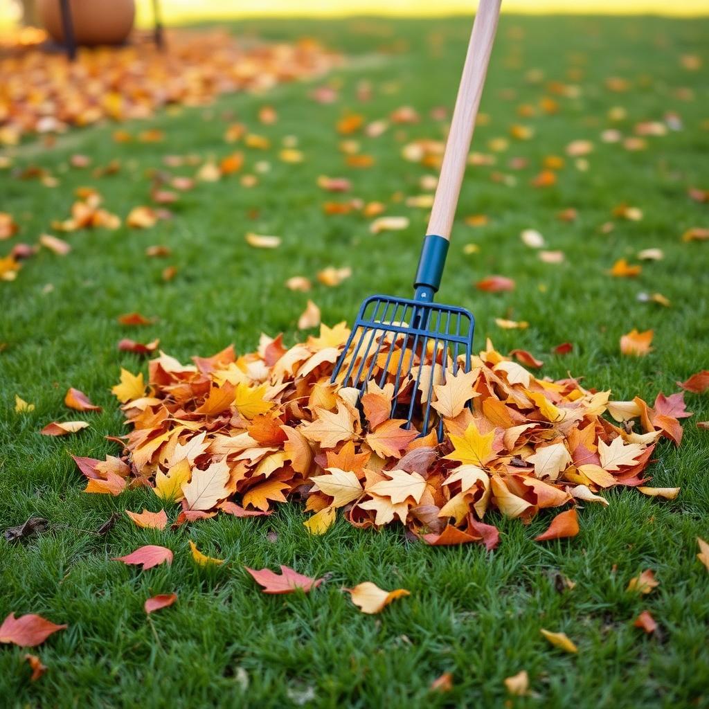 Rake and a small pile of raked autumn leaves on a green lawn.