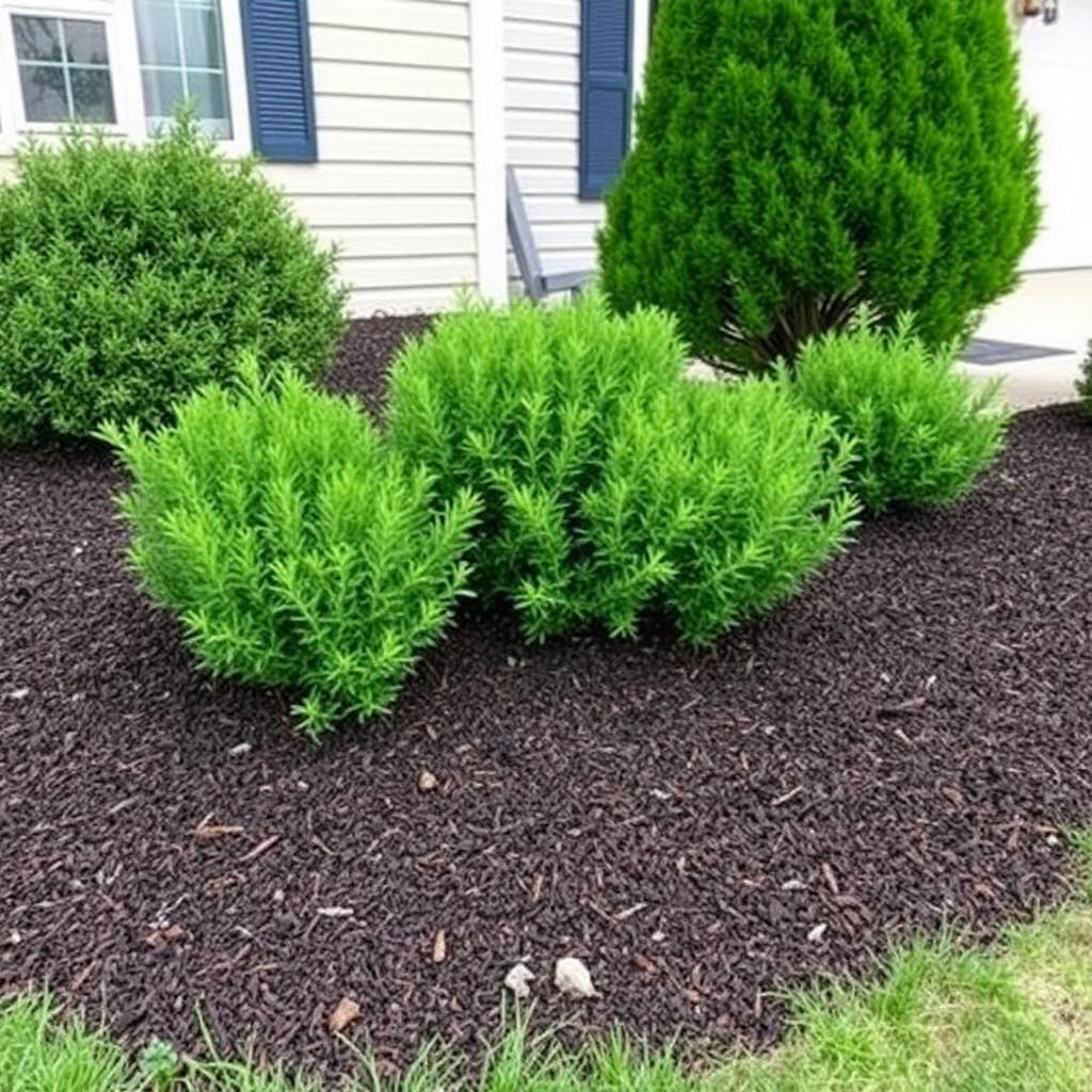 Fresh dark mulch bed with trimmed green shrubs in front of a home.